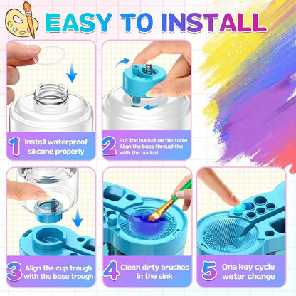 Paint Brush Cleaner 6-in-1 Upgraded with Paint Tray Drain Brush Holder Water Circulation Cleaning Tool for Acrylic Watercolor Water-Based Paints Artist Painting Supplies Blue Purple