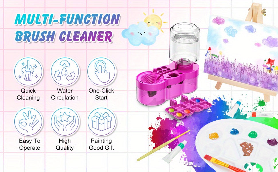 Paint Brush Cleaner 6-in-1 Upgraded with Paint Tray Drain Brush Holder Water Circulation Cleaning Tool for Acrylic Watercolor Water-Based Paints Artist Painting Supplies Blue Purple