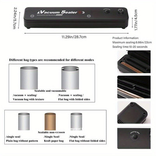 Vacuum Sealer Machine with 50 Seal Bags – Automatic Food Saver for Food Storage, Sous Vide & Meal Prep, Black or White, Easy One-Touch Operation
