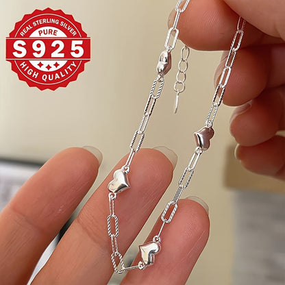 925 Sterling Silver 3D Heart Link Chain Bracelet for Women Minimalist Elegant No Plating Figaro Clasp Lightweight Dainty Jewelry for Daily Wear and Party Gift for Her