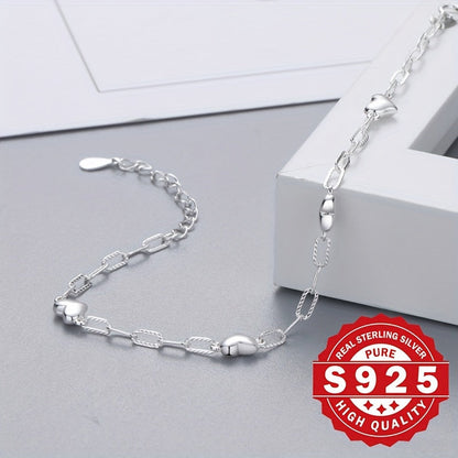 925 Sterling Silver 3D Heart Link Chain Bracelet for Women Minimalist Elegant No Plating Figaro Clasp Lightweight Dainty Jewelry for Daily Wear and Party Gift for Her