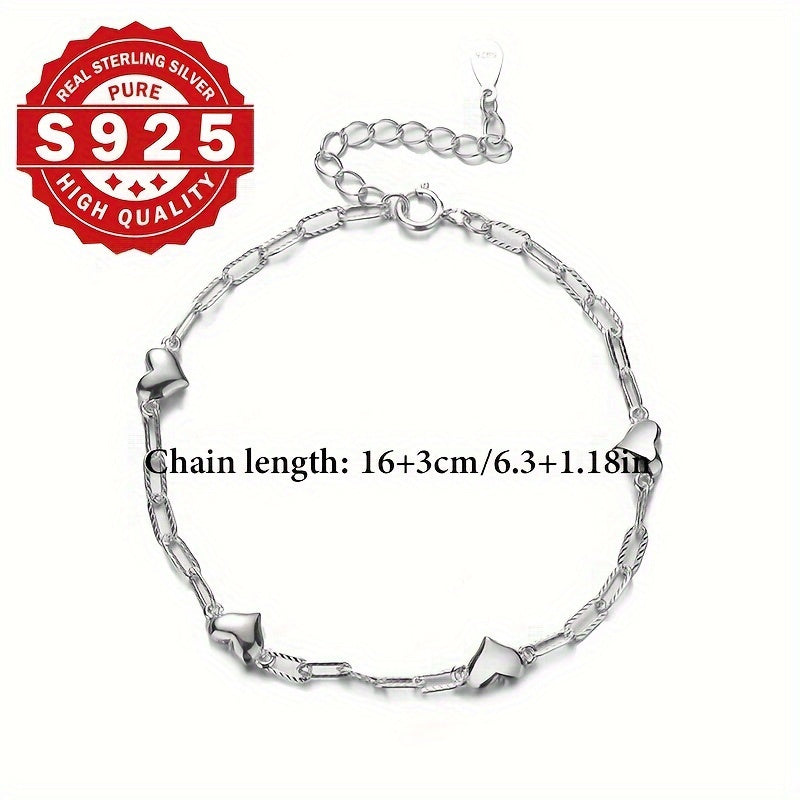925 Sterling Silver 3D Heart Link Chain Bracelet for Women Minimalist Elegant No Plating Figaro Clasp Lightweight Dainty Jewelry for Daily Wear and Party Gift for Her