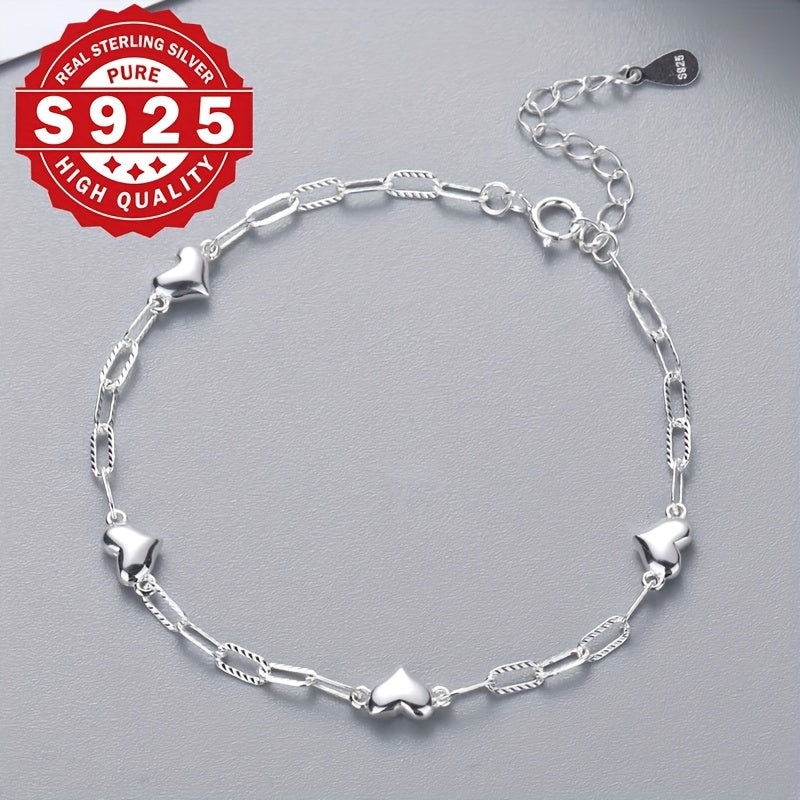 925 Sterling Silver 3D Heart Link Chain Bracelet for Women Minimalist Elegant No Plating Figaro Clasp Lightweight Dainty Jewelry for Daily Wear and Party Gift for Her