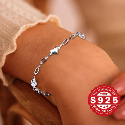 925 Sterling Silver 3D Heart Link Chain Bracelet for Women Minimalist Elegant No Plating Figaro Clasp Lightweight Dainty Jewelry for Daily Wear and Party Gift for Her