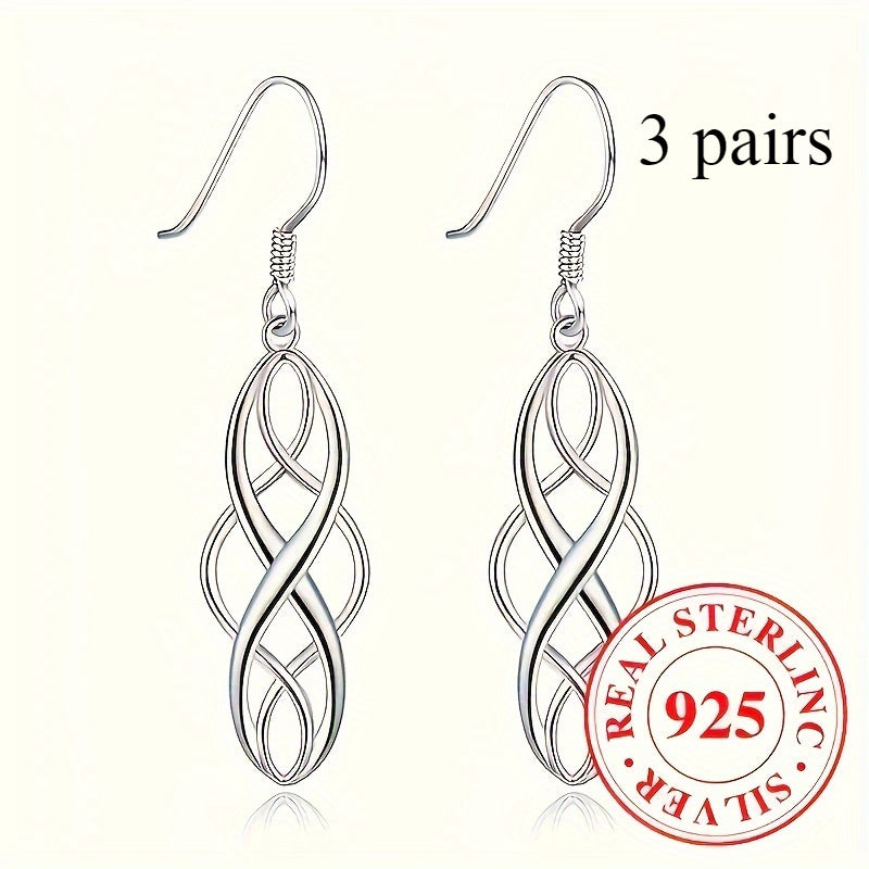 3 Pairs 925 Sterling Silver Celtic Knot Dangle Earrings for Women – Hypoallergenic Hollow Drop Earring Set, Elegant Daily & Casual Jewelry Gift