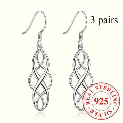 3 Pairs 925 Sterling Silver Celtic Knot Dangle Earrings for Women – Hypoallergenic Hollow Drop Earring Set, Elegant Daily & Casual Jewelry Gift