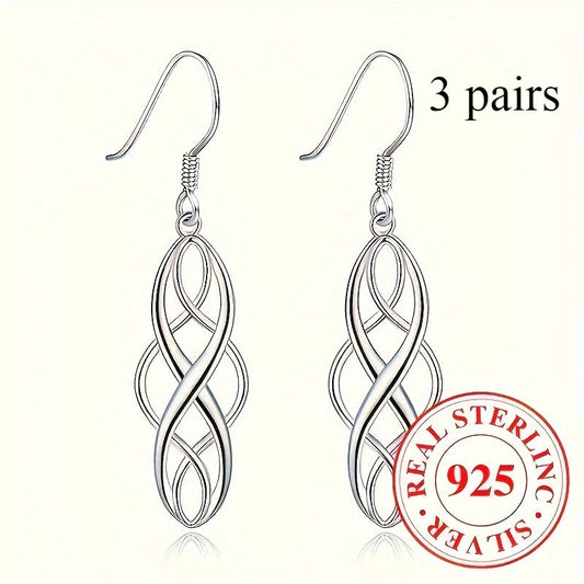 3 Pairs 925 Sterling Silver Celtic Knot Dangle Earrings for Women – Hypoallergenic Hollow Drop Earring Set, Elegant Daily & Casual Jewelry Gift