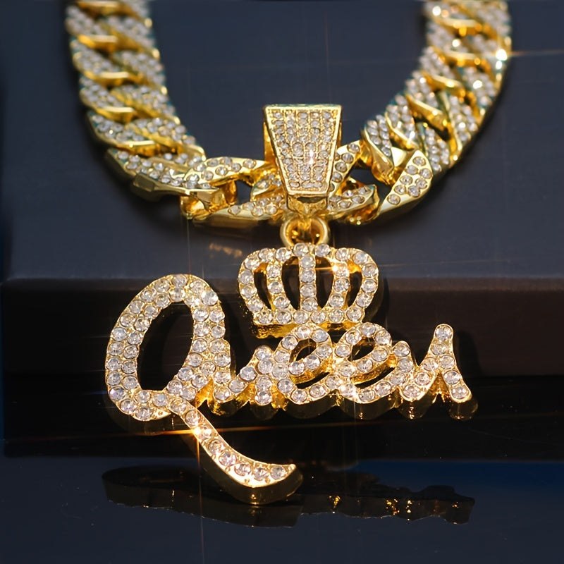 Hip Hop Queen Crown CZ Pendant Necklace for Women – Shiny Synthetic Zirconia Statement Jewelry, Bold Bling Necklace Gift for Ladies, Birthday, Valentine's Day & Special Occasions