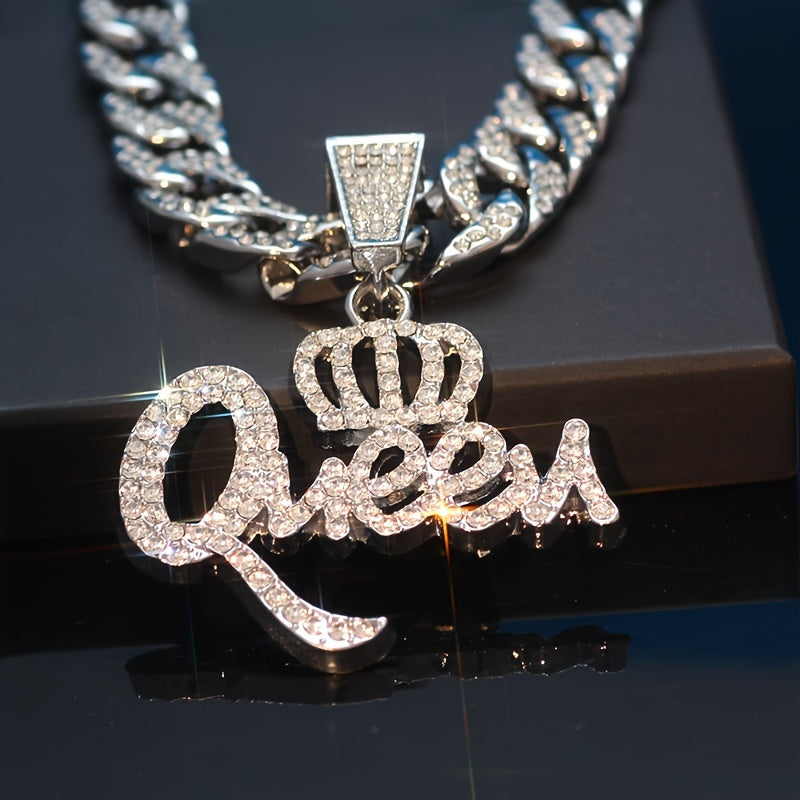 Hip Hop Queen Crown CZ Pendant Necklace for Women – Shiny Synthetic Zirconia Statement Jewelry, Bold Bling Necklace Gift for Ladies, Birthday, Valentine's Day & Special Occasions