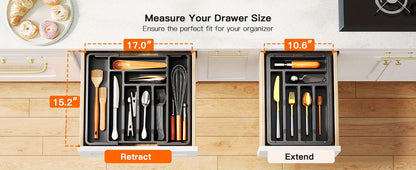 Expandable Cutlery Tray Drawer Organizer – Adjustable Kitchen Silverware Organizer for Knives, Forks & Spoons with Labels – Fits Kitchen, Bedroom & Living Room Drawers – Bamboo & Plastic