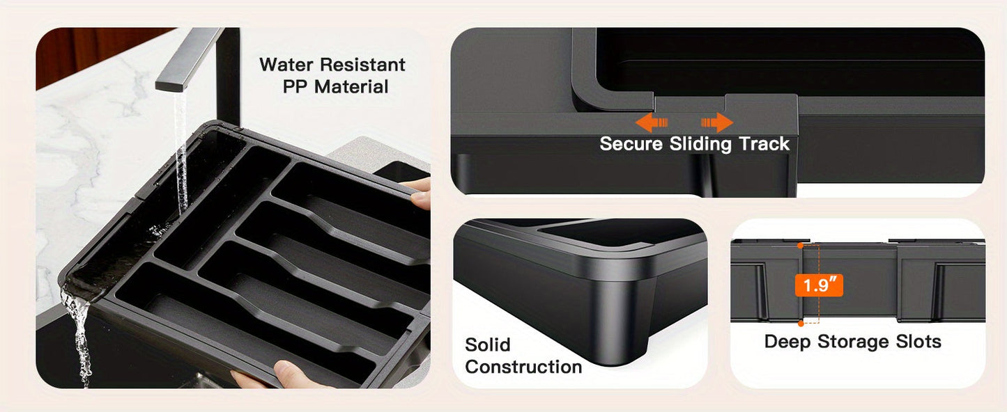 Expandable Cutlery Tray Drawer Organizer – Adjustable Kitchen Silverware Organizer for Knives, Forks & Spoons with Labels – Fits Kitchen, Bedroom & Living Room Drawers – Bamboo & Plastic