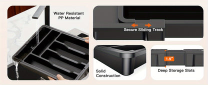 Expandable Cutlery Tray Drawer Organizer – Adjustable Kitchen Silverware Organizer for Knives, Forks & Spoons with Labels – Fits Kitchen, Bedroom & Living Room Drawers – Bamboo & Plastic