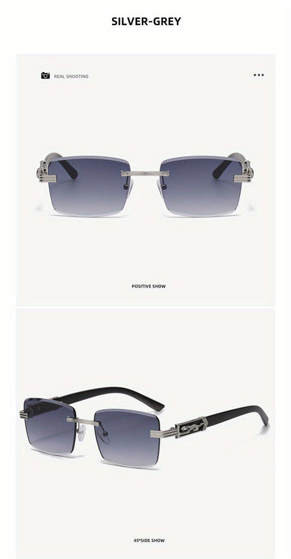 Vintage Rimless Rectangle Sunglasses for Women Men – Trendy Leopard Temple UV Protection Eyewear, 7 Lens Colors, Stylish Unisex Glasses for Outdoor, Driving, Travel, Parties & Daily Wear