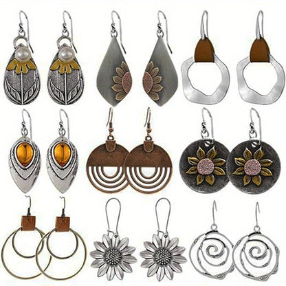 9-Pair Bohemian Geometric Earrings Set for Women – Wooden Leather Retro Sunflower Circular Earrings, Multicolor Boho Style, Perfect Christmas & Birthday Gift