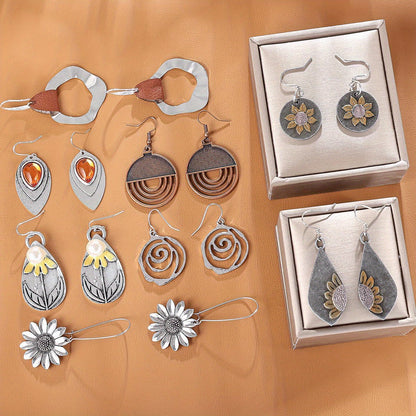 9-Pair Bohemian Geometric Earrings Set for Women – Wooden Leather Retro Sunflower Circular Earrings, Multicolor Boho Style, Perfect Christmas & Birthday Gift