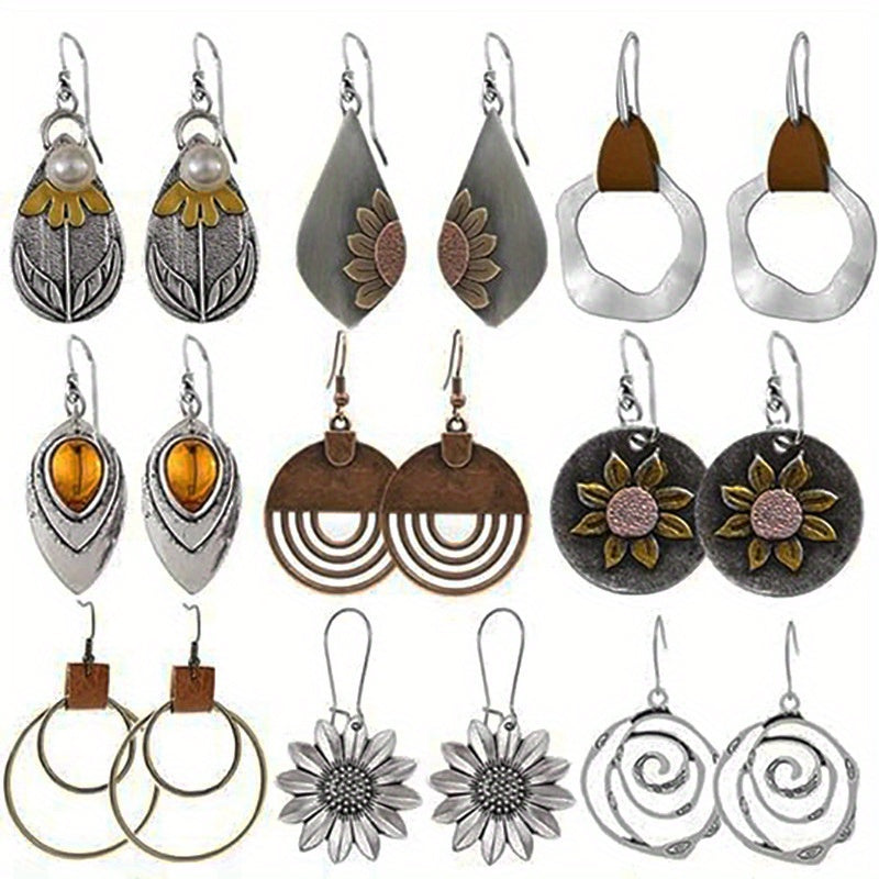 9-Pair Bohemian Geometric Earrings Set for Women – Wooden Leather Retro Sunflower Circular Earrings, Multicolor Boho Style, Perfect Christmas & Birthday Gift