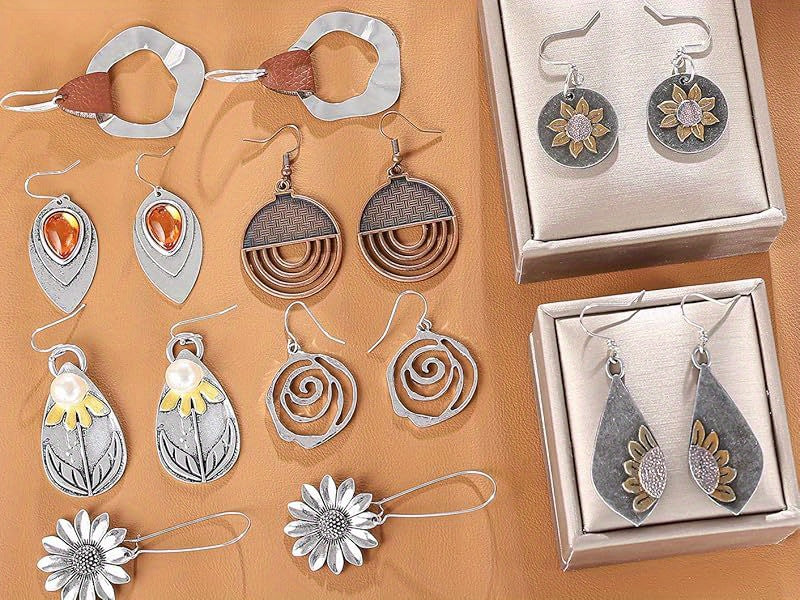 9-Pair Bohemian Geometric Earrings Set for Women – Wooden Leather Retro Sunflower Circular Earrings, Multicolor Boho Style, Perfect Christmas & Birthday Gift