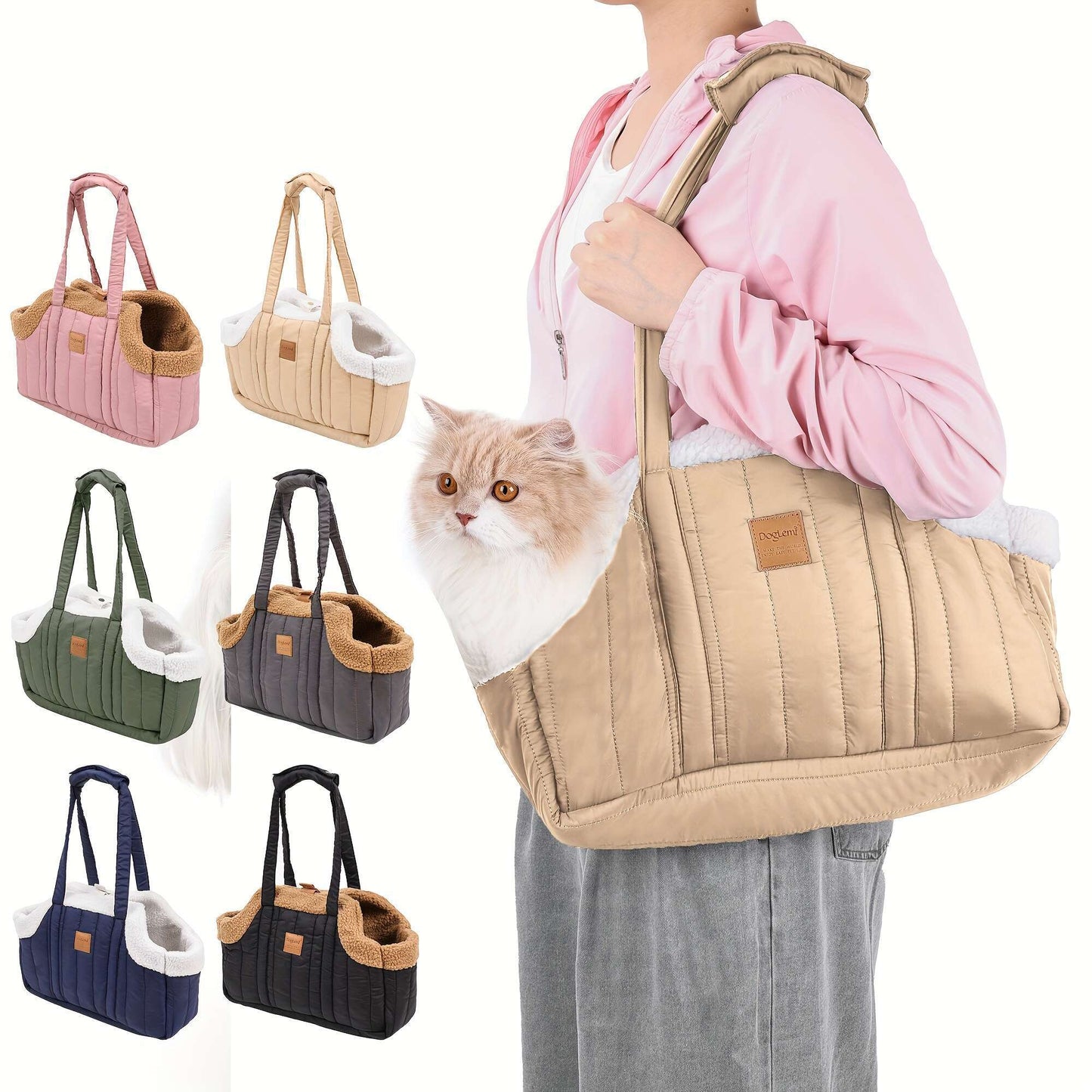Winter Pet Carrier Handbag with Snap Closure – Cozy Warm Tote Bag for Small Dogs & Cats, Perfect for Outdoor Activities, Available in Brown, Black, Beige, Pink, Green & Blue