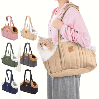 Winter Pet Carrier Handbag with Snap Closure – Cozy Warm Tote Bag for Small Dogs & Cats, Perfect for Outdoor Activities, Available in Brown, Black, Beige, Pink, Green & Blue