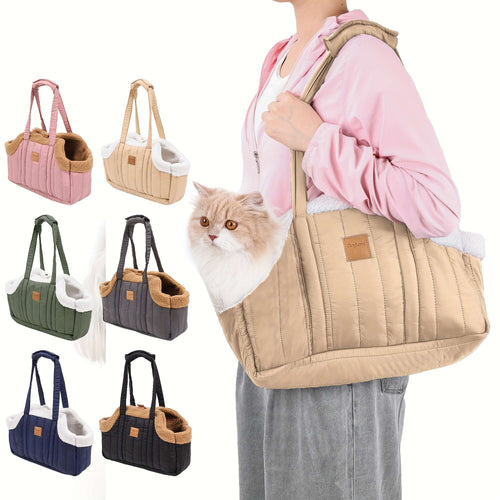 Winter Pet Carrier Handbag with Snap Closure – Cozy Warm Tote Bag for Small Dogs & Cats, Perfect for Outdoor Activities, Available in Brown, Black, Beige, Pink, Green & Blue