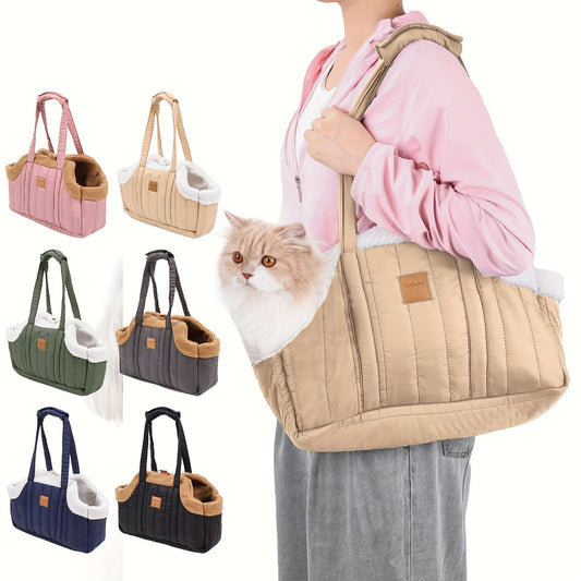 Winter Pet Carrier Handbag with Snap Closure – Cozy Warm Tote Bag for Small Dogs & Cats, Perfect for Outdoor Activities, Available in Brown, Black, Beige, Pink, Green & Blue
