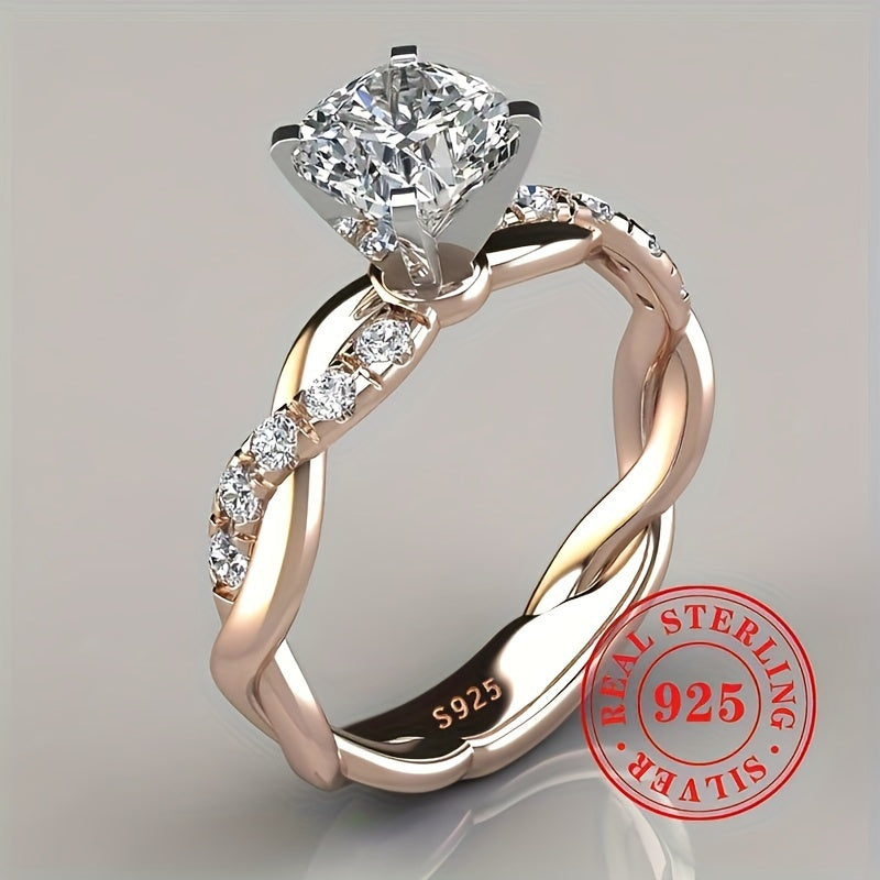 Rose Gold Twisted Halo Engagement Ring 925 Sterling Silver Princess Cut Cubic Zirconia 4-Prong Boho Vintage Wedding Ring for Women Sizes 6-10 Jewelry Gift