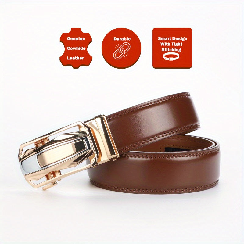 Men's Leather Ratchet Belt Set of 2 Automatic Zinc Alloy Buckle Black Brown Fits 30 to 44 Inch Waist Casual Business Dress Belt Gift for Him