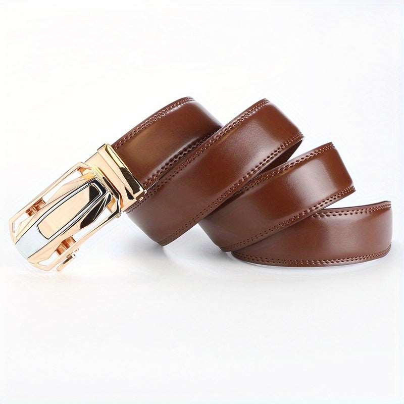 Men's Leather Ratchet Belt Set of 2 Automatic Zinc Alloy Buckle Black Brown Fits 30 to 44 Inch Waist Casual Business Dress Belt Gift for Him