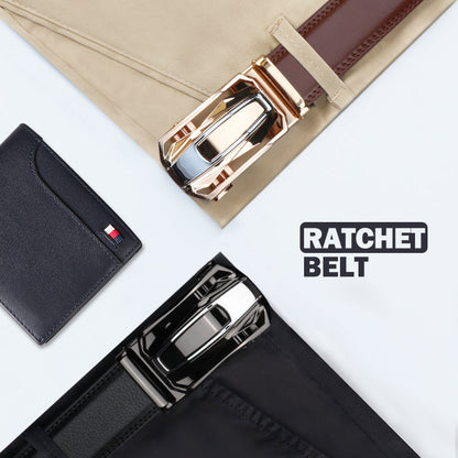 Men's Leather Ratchet Belt Set of 2 Automatic Zinc Alloy Buckle Black Brown Fits 30 to 44 Inch Waist Casual Business Dress Belt Gift for Him