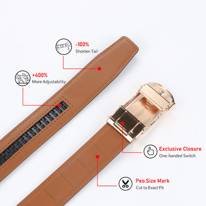 Men's Leather Ratchet Belt Set of 2 Automatic Zinc Alloy Buckle Black Brown Fits 30 to 44 Inch Waist Casual Business Dress Belt Gift for Him
