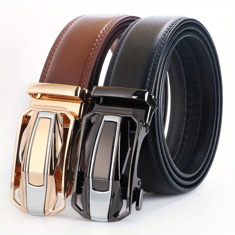 Men's Leather Ratchet Belt Set of 2 Automatic Zinc Alloy Buckle Black Brown Fits 30 to 44 Inch Waist Casual Business Dress Belt Gift for Him