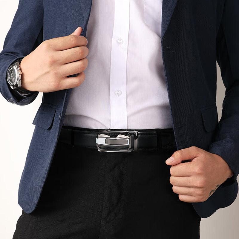 Men's Leather Ratchet Belt Set of 2 Automatic Zinc Alloy Buckle Black Brown Fits 30 to 44 Inch Waist Casual Business Dress Belt Gift for Him