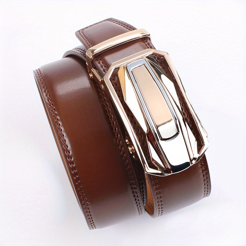 Men's Leather Ratchet Belt Set of 2 Automatic Zinc Alloy Buckle Black Brown Fits 30 to 44 Inch Waist Casual Business Dress Belt Gift for Him