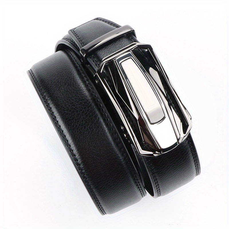 Men's Leather Ratchet Belt Set of 2 Automatic Zinc Alloy Buckle Black Brown Fits 30 to 44 Inch Waist Casual Business Dress Belt Gift for Him