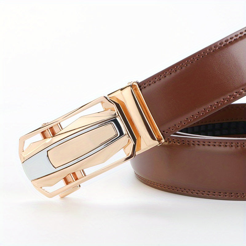 Men's Leather Ratchet Belt Set of 2 Automatic Zinc Alloy Buckle Black Brown Fits 30 to 44 Inch Waist Casual Business Dress Belt Gift for Him