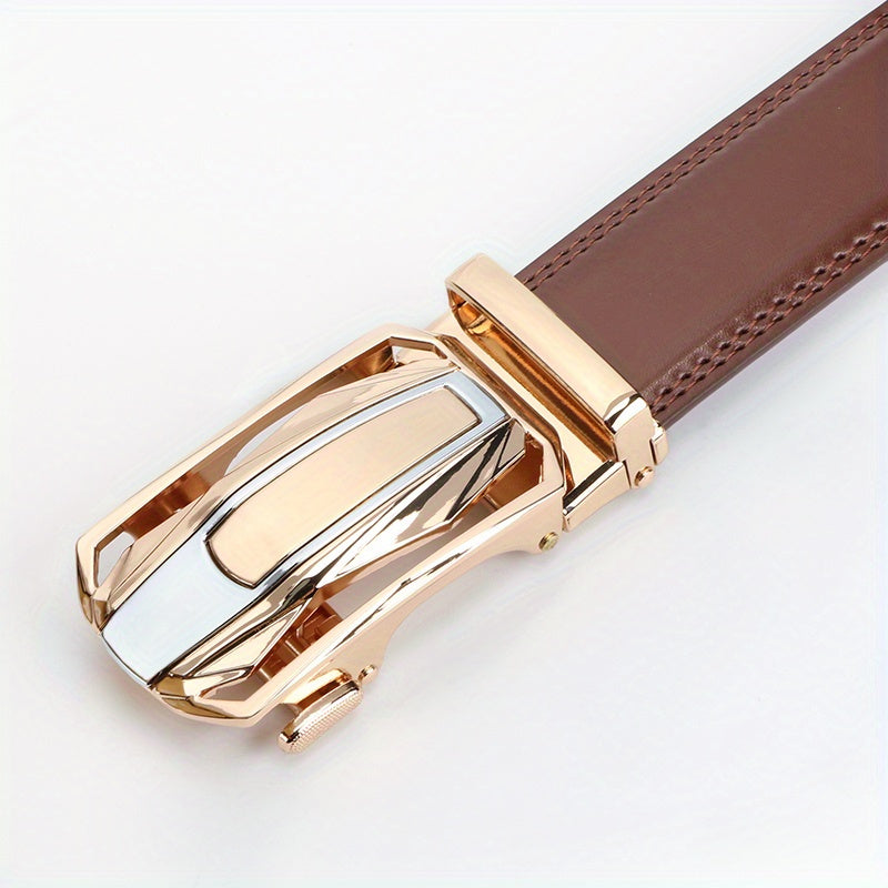 Men's Leather Ratchet Belt Set of 2 Automatic Zinc Alloy Buckle Black Brown Fits 30 to 44 Inch Waist Casual Business Dress Belt Gift for Him