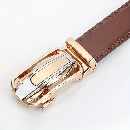 Men's Leather Ratchet Belt Set of 2 Automatic Zinc Alloy Buckle Black Brown Fits 30 to 44 Inch Waist Casual Business Dress Belt Gift for Him