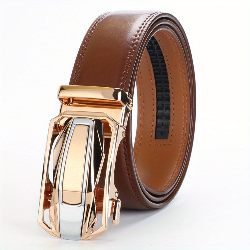 Men's Leather Ratchet Belt Set of 2 Automatic Zinc Alloy Buckle Black Brown Fits 30 to 44 Inch Waist Casual Business Dress Belt Gift for Him
