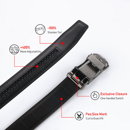 Men's Leather Ratchet Belt Set of 2 Automatic Zinc Alloy Buckle Black Brown Fits 30 to 44 Inch Waist Casual Business Dress Belt Gift for Him