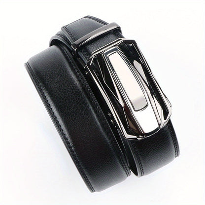 Men's Leather Ratchet Belt Set of 2 Automatic Zinc Alloy Buckle Black Brown Fits 30 to 44 Inch Waist Casual Business Dress Belt Gift for Him