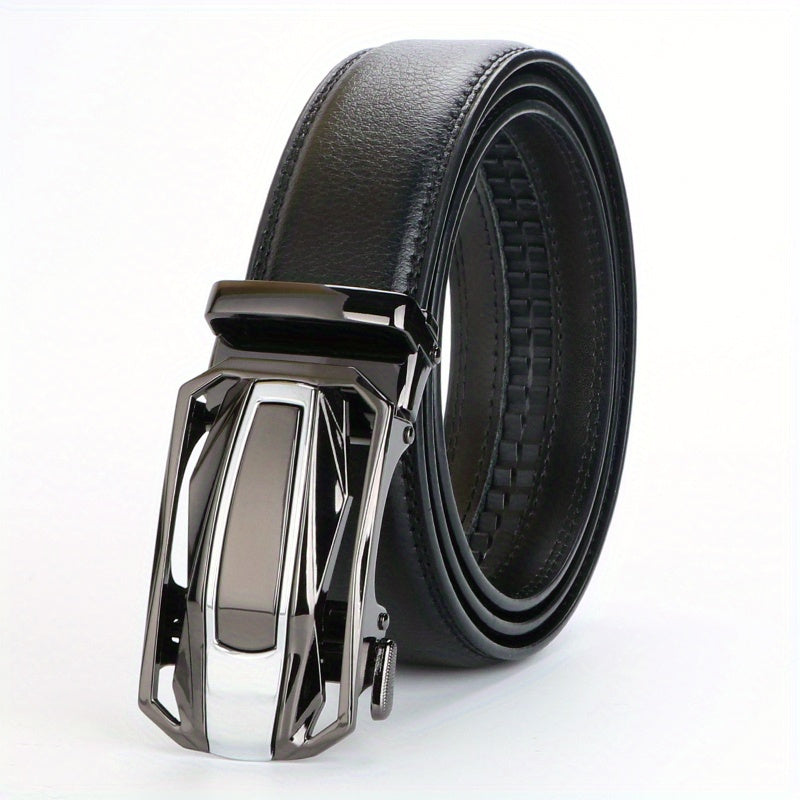 Men's Leather Ratchet Belt Set of 2 Automatic Zinc Alloy Buckle Black Brown Fits 30 to 44 Inch Waist Casual Business Dress Belt Gift for Him