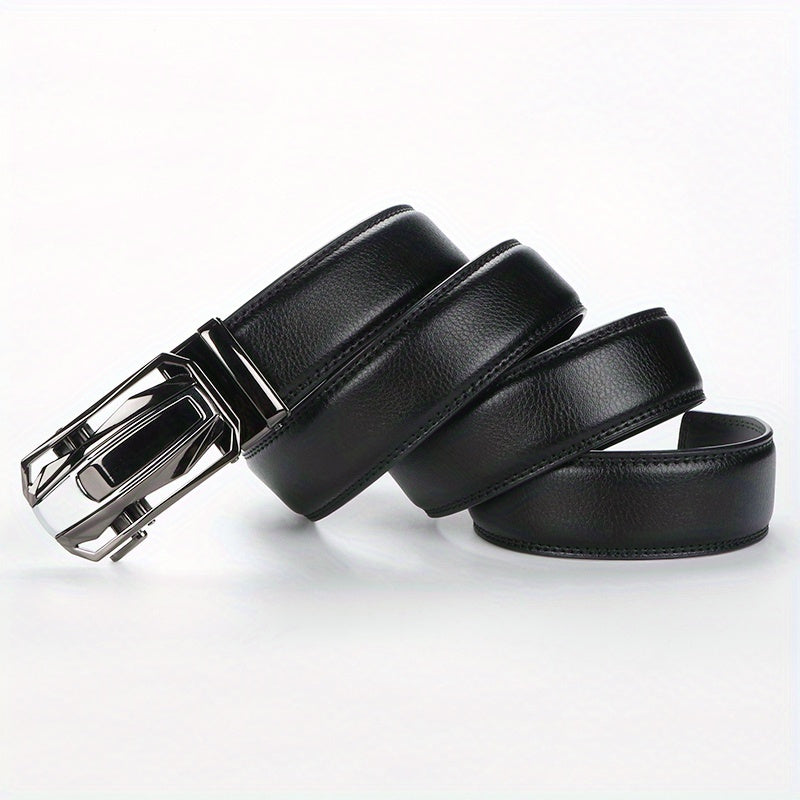 Men's Leather Ratchet Belt Set of 2 Automatic Zinc Alloy Buckle Black Brown Fits 30 to 44 Inch Waist Casual Business Dress Belt Gift for Him