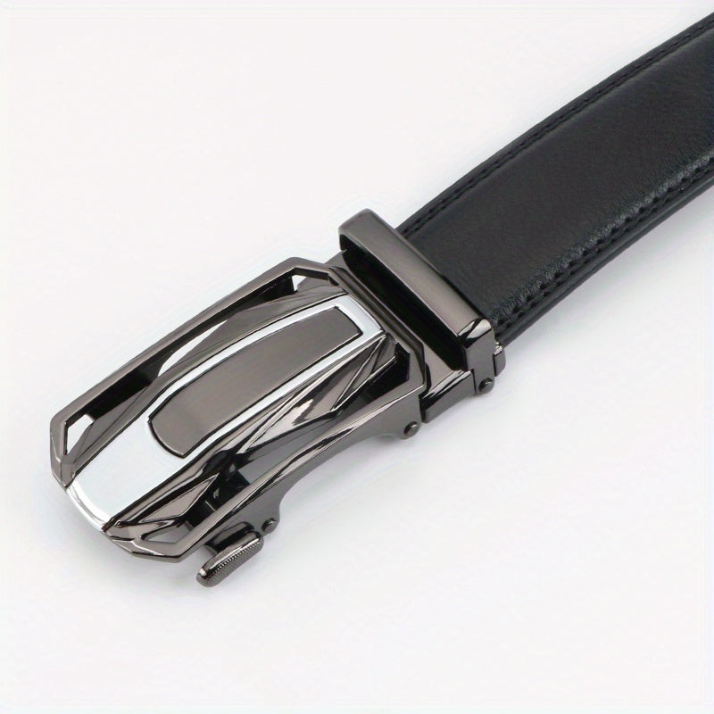 Men's Leather Ratchet Belt Set of 2 Automatic Zinc Alloy Buckle Black Brown Fits 30 to 44 Inch Waist Casual Business Dress Belt Gift for Him