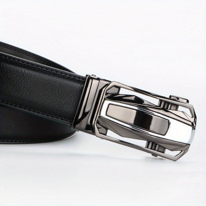 Men's Leather Ratchet Belt Set of 2 Automatic Zinc Alloy Buckle Black Brown Fits 30 to 44 Inch Waist Casual Business Dress Belt Gift for Him