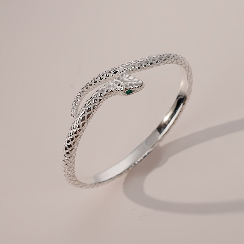 925 Sterling Silver Snake Cuff Bracelet Adjustable Hypoallergenic Green Zirconia Eyes Floral Accents Zodiac Snake Retro Punk Style Jewelry Gift