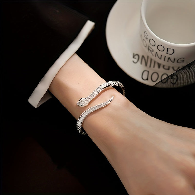 925 Sterling Silver Snake Cuff Bracelet Adjustable Hypoallergenic Green Zirconia Eyes Floral Accents Zodiac Snake Retro Punk Style Jewelry Gift