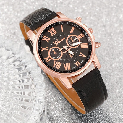 Women's Roman Numeral Quartz Watch Set of 3 - Trendy Round Face Analog Wristwatch with Band in Black White Pink, Elegant Ladies Watch Gift Set for Birthday, Valentine's & Holiday