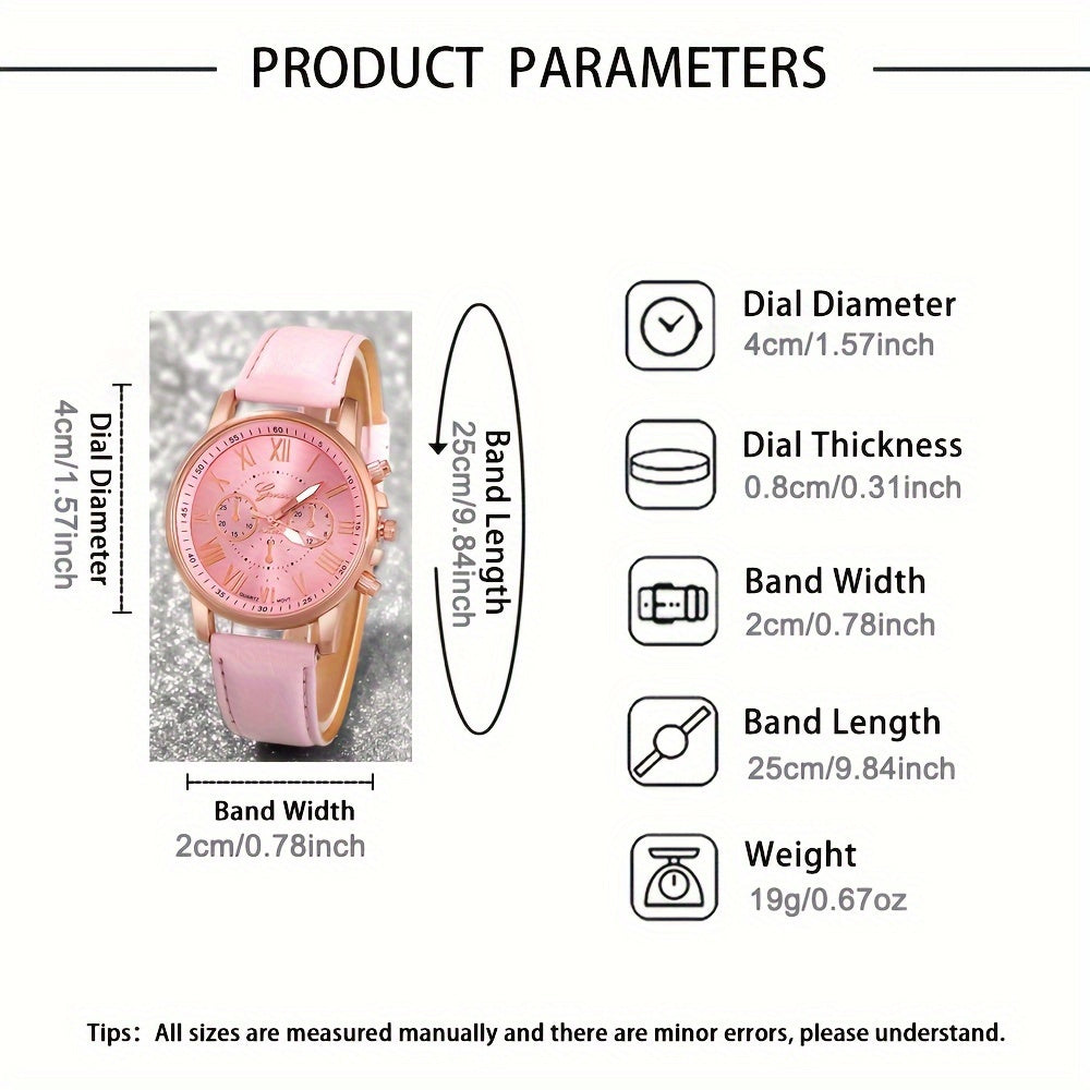 Women's Roman Numeral Quartz Watch Set of 3 - Trendy Round Face Analog Wristwatch with Band in Black White Pink, Elegant Ladies Watch Gift Set for Birthday, Valentine's & Holiday