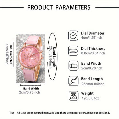 Women's Roman Numeral Quartz Watch Set of 3 - Trendy Round Face Analog Wristwatch with Band in Black White Pink, Elegant Ladies Watch Gift Set for Birthday, Valentine's & Holiday