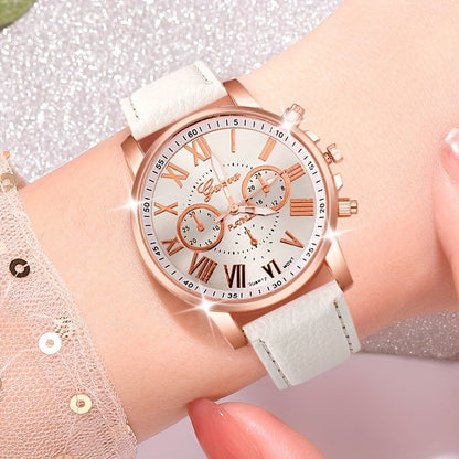 Women's Roman Numeral Quartz Watch Set of 3 - Trendy Round Face Analog Wristwatch with Band in Black White Pink, Elegant Ladies Watch Gift Set for Birthday, Valentine's & Holiday